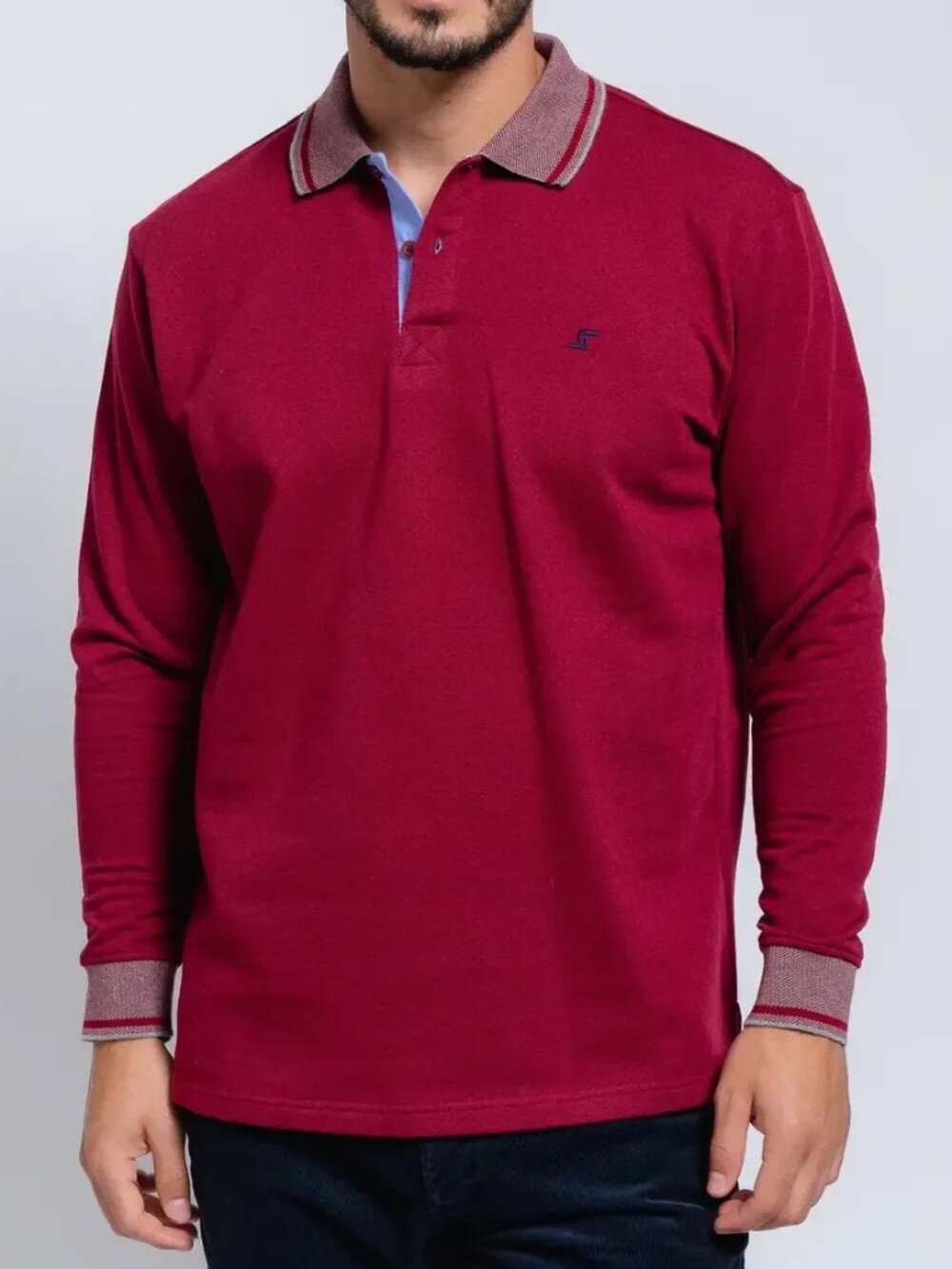 SMF Burgundy Knit Long Sleeve Button Up Knit Polo With Contrast Collar And Cuff